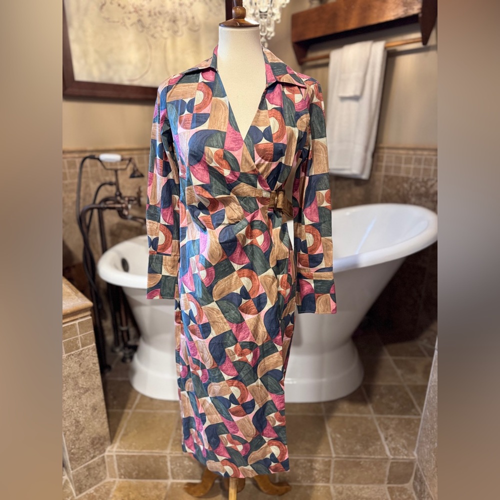 NWT J. McLaughlin Colorful Patterned belted wrap Midi Dress geometric harmony - Picture 3 of 9